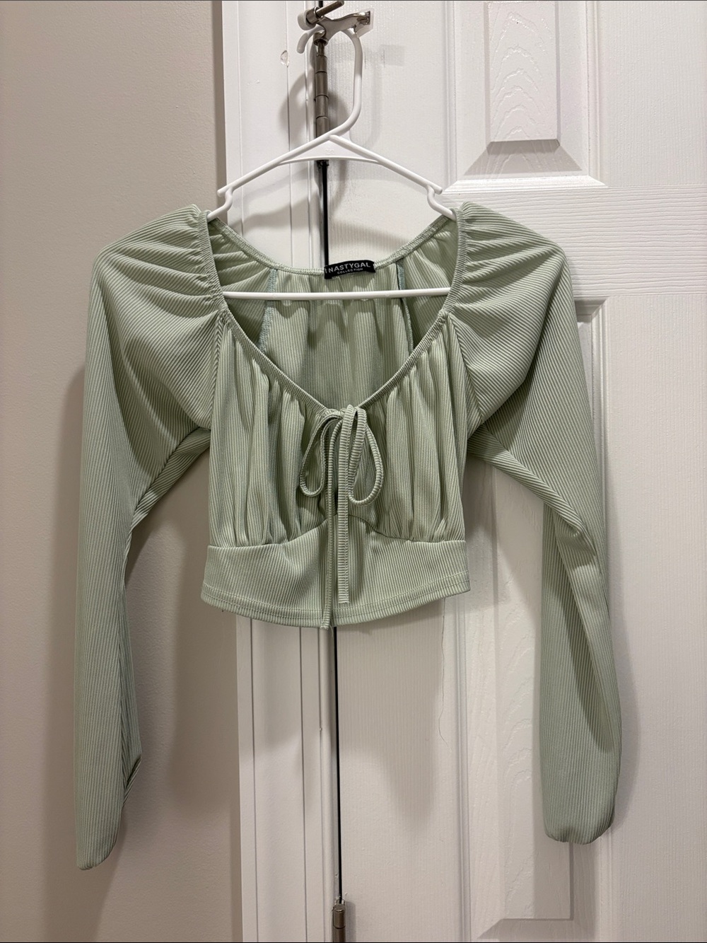 Nasty Gal Light Sage Ribbed Tie-Front Long Sleeve Crop Top